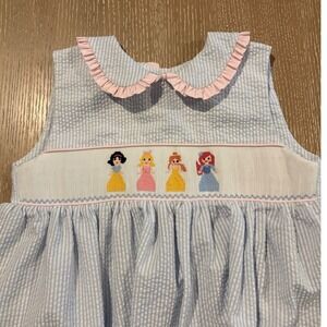 Stitchy Fish Girls Dress 7 Blue Seersucker Smocked Princess Peter Pan Collar